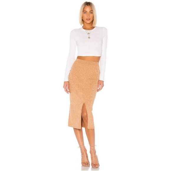 Free People x Revolve Camel Beige Rib Knit Skyline Slit Midi Skirt Size XS - Picture 1 of 9